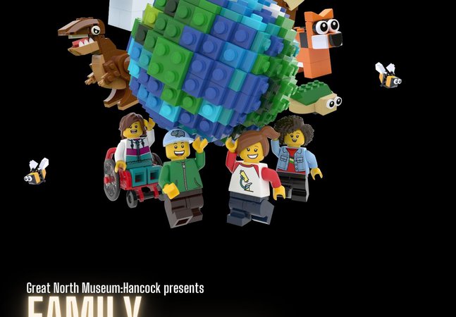 A graphic features LEGO figures surrounding the earth and a Great North Museum Hancock logo. It includes the text 'Great North Museum Hancock presents Family Twilight: H2Optimistic. Fri 10 July, 6-8pm.'