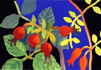 A painting of red flowers with leaves in shades of green and yellow on a black and blue background.