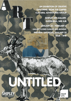 A poster featuring a collage of a stag in front of a printed background. It also features an older man in the process of drawing.