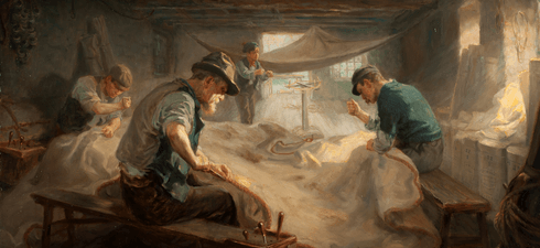 An oil painting of four men mending sails. 