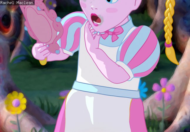 A digital artwork of a young girl holding up a mirror.