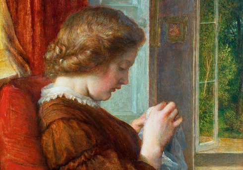 Oil painting of a woman in profile, sewing..