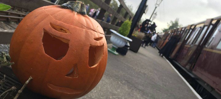 Halloween Pumpkin on platform at Stephenson Steam Railway