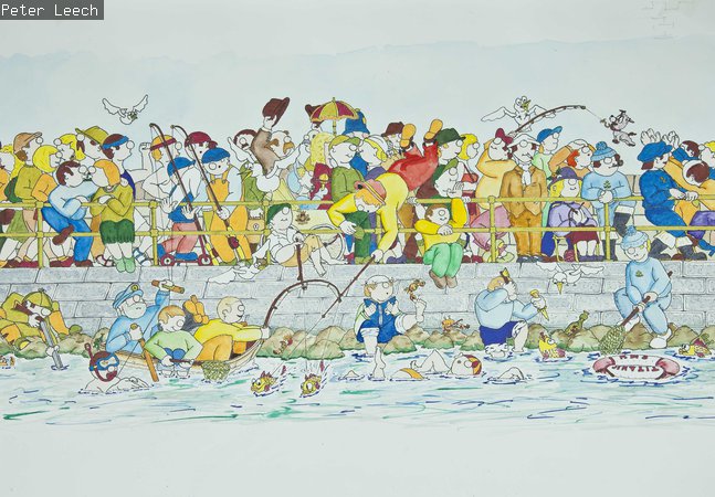 cartoon of various characters fishing on a pier