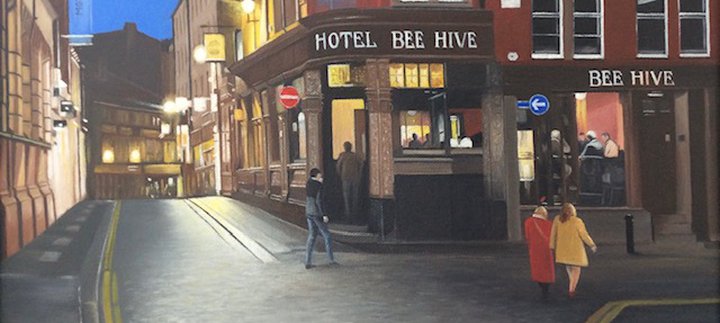 A painting of a street with people walking down it. In the centre, is a building named 'Hotel Bee Hive'.