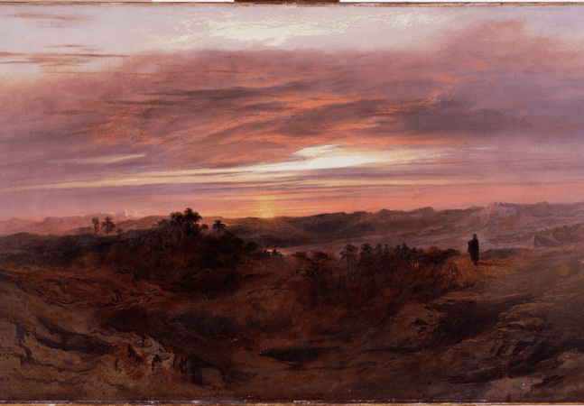 A painting of a hilly landscape at sunset. The sky is painted in shades of purple, pink, and light blue, with the sun over the horizon in yellow.