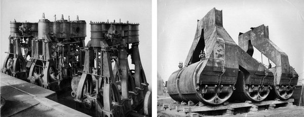 Newly-completed engines (left) and boilers (right) at Neptune Yard ready to be dismantled for transport.