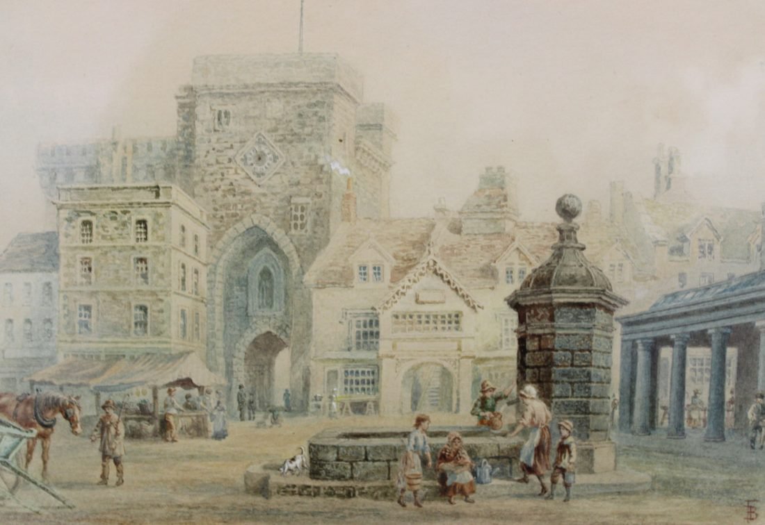 A watercolour painting showing Hexham Market Place 