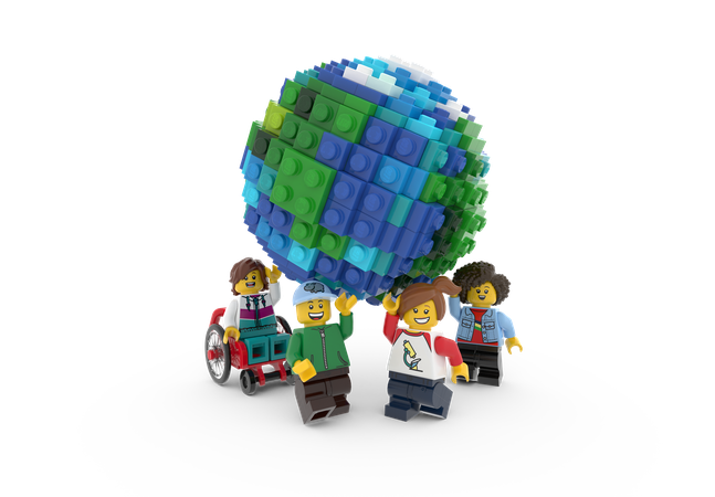 a blue and green lego sphere represents the earth, with 4 minifigure people holding it up. 
