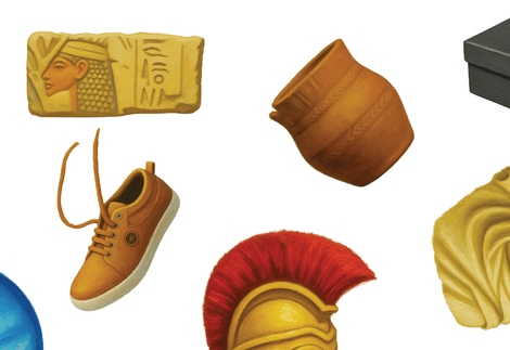 A graphic includes illustrations of museum objects including a shoe, a bust, a box, a vase and a book.