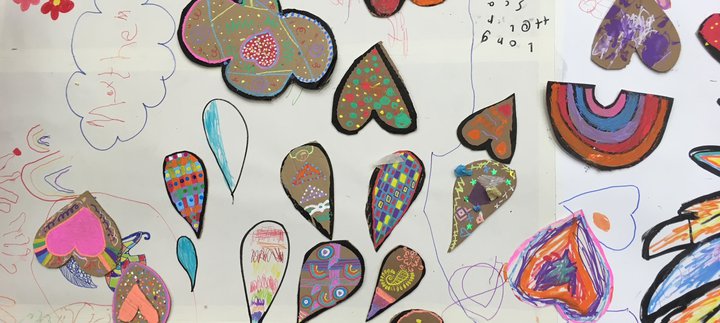 A selection of colourful hearts and raindrops.