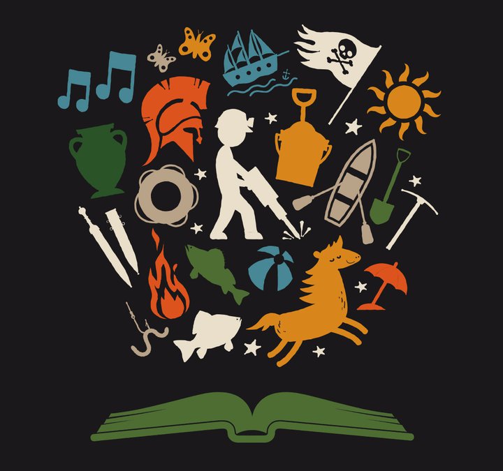 An open green book on a dark grey background, objects including a boat and music notes are flying out of it. 