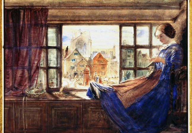 A young woman in a blue dress knitting in a window that overlooks Hexham.
