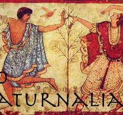 Painting of two people dancing at Saturnalia the ancient Roman celebration.
