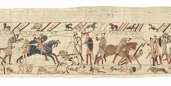 Image shows a section of the original Bayeux Tapestry © La Fabrique de patrimoines en Normandie / Antoine Cazin