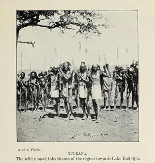 Photograph from ‘On Safari’ showing a group of local people near Lake Turkana in what is now Kenya.