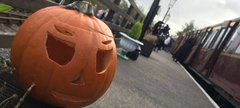 Halloween Pumpkin on platform at Stephenson Steam Railway