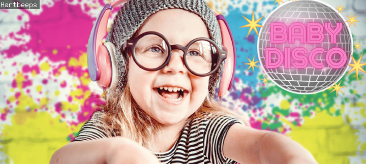 Photo of young smiling girl playing on music decks with the words Disco Club Party 