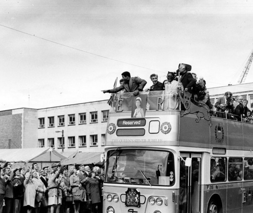 Muhammad Ali on an open top bus at South Shields Market Place, 1977