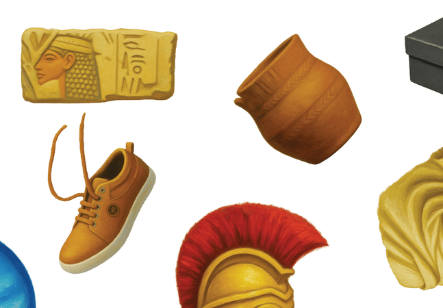 A graphic includes illustrations of museum objects including a shoe, a bust, a box, a vase and a book.