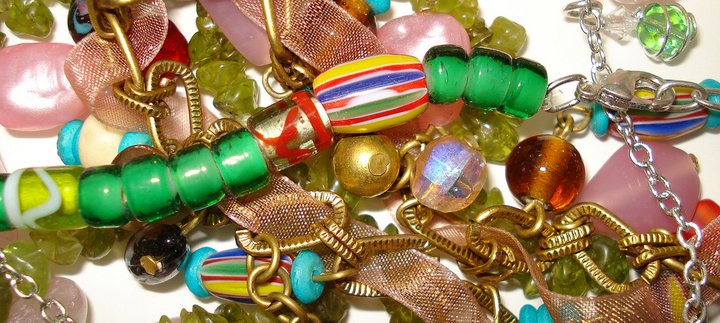 Multi-coloured beads, bracelets and other jewellery
