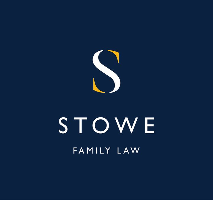 Stowe Family Law logo blue background and white text. Large letter S.