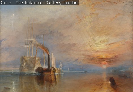 A painting by William Turner which shows the final journey of the ship as it is towed along the river Thames by a modern paddle-wheel steam tug in 1838, towards its final berth in Rotherhithe to be broken up for scrap.