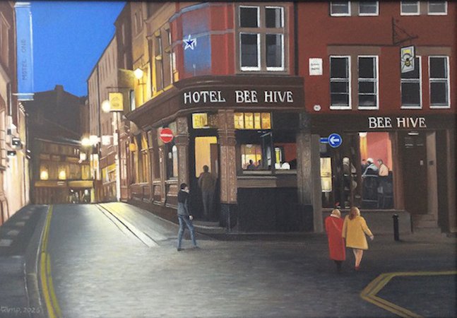 A painting of a street with people walking down it. In the centre, is a building named 'Hotel Bee Hive'.