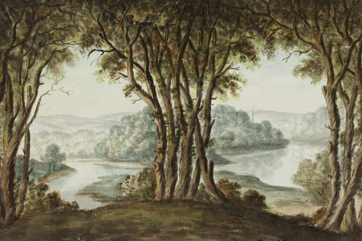 Landscape painting showing wooded scene