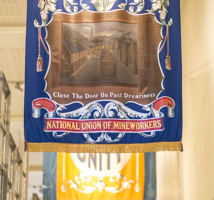 Mining banners hanging from the ceiling at Woodhorn Museum 