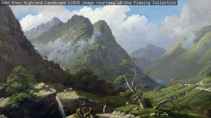 A painting of dramatic mountains with small figures in the foreground.