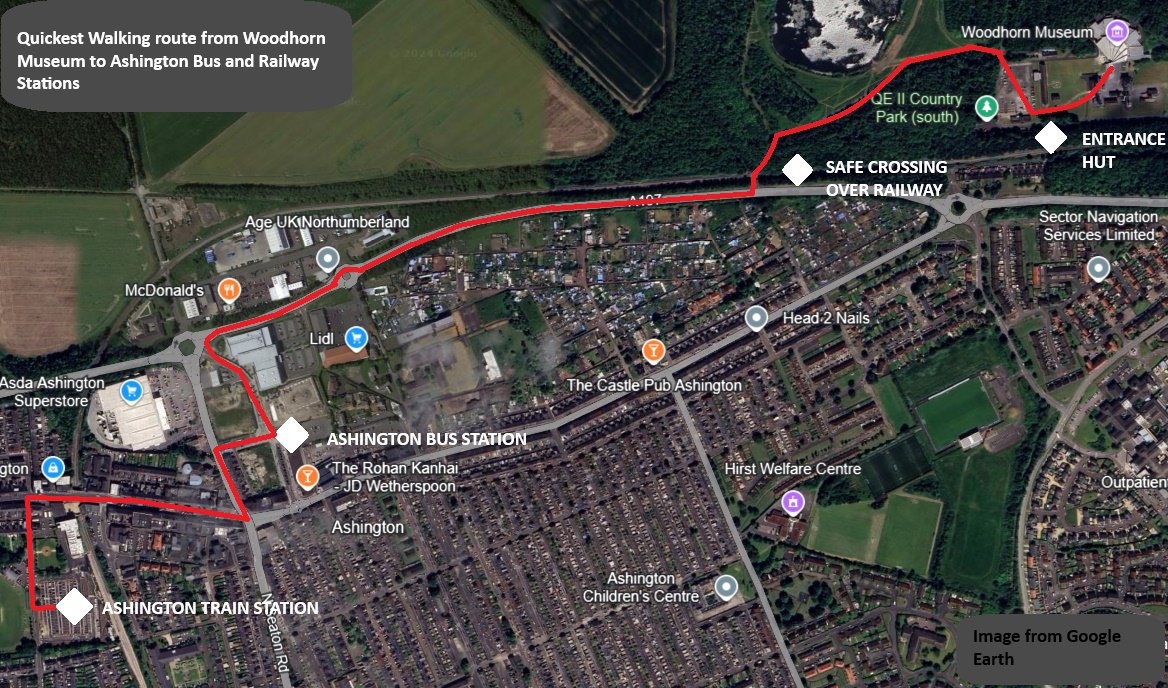 Map showing a walking route from Ashington train station to Woodhorn Museum.