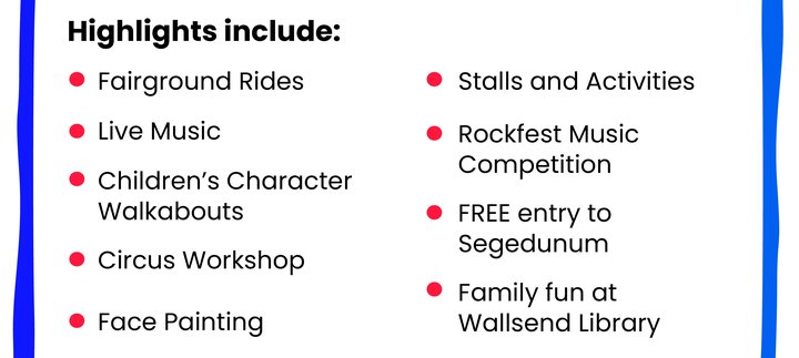 Poster for Wallsend Festival featuring various activities and events. The festival celebrates Local History Week from 30 June to 6 July 2025 and takes place 5 July 2025, from 10am to 4pm.