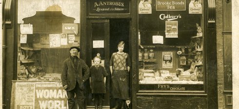A sepia photograph of a shopfront at 34 Monkton Road, Jarrow