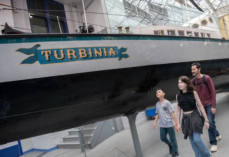 Visitors with Turbinia at Discovery Museum