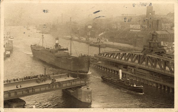 Postcard showing the Swing Bridge open with a ship being guided by a tug