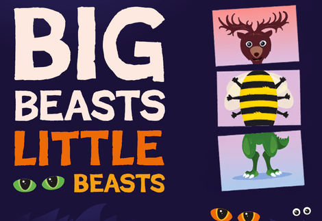 Promotional graphic for 'Big Beasts Little Beasts' featuring a mix-and-match creature with a reindeer head, bee body, and dinosaur legs.