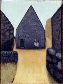 An abstract painting of a farmhouse and stone walls, with two ladies stood in front of it.