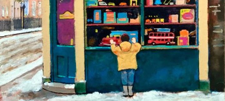 A colourful painting of a child looking into a toyshop window.