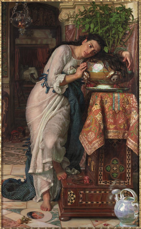 A painting of a woman holding a pot of basil.