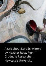 A detail of the Merz barn Wall with the words "A talk about Kurt Schwitters by Heather Ros, postgraduate researcher at Newcastle University