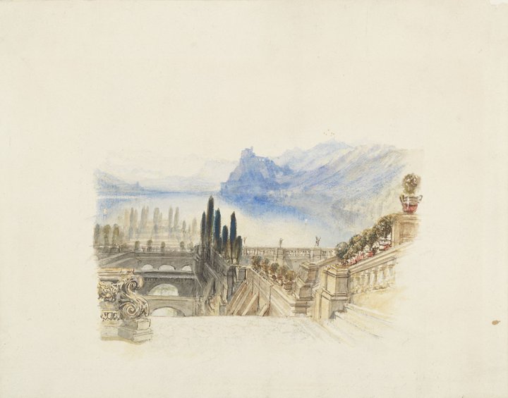A watercolour of a palazzo with Lake Como in the background.