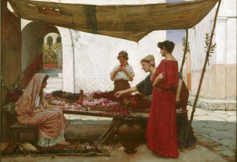 An oil painting of three women looking at flowers in an outdoor market. Another woman works the stall and sits on a small stool.