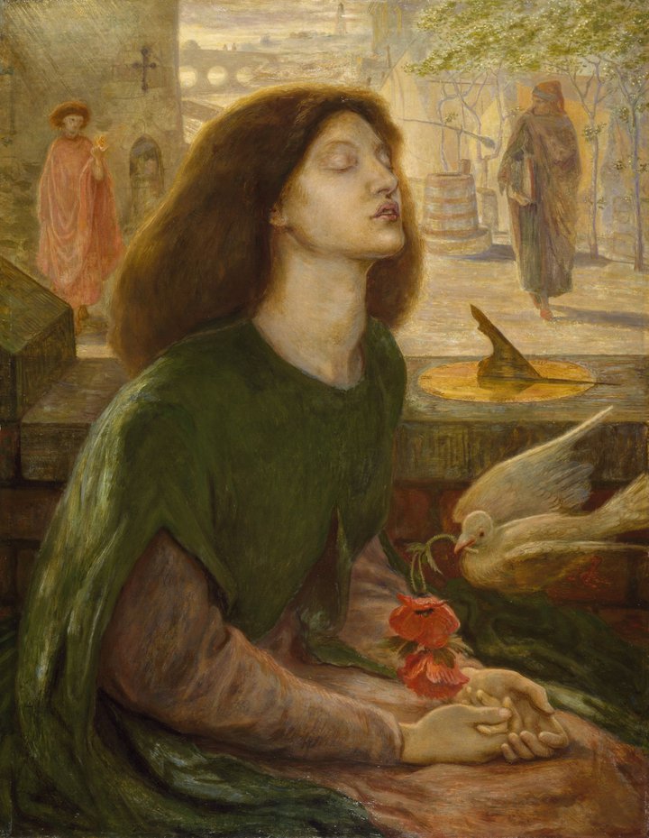 An oil painting of Beatrice Portinari at the moment of her death. She has dark brown hair and a bird deposits flowers into her hand.