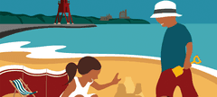 Cartoon drawing of child playing on beach