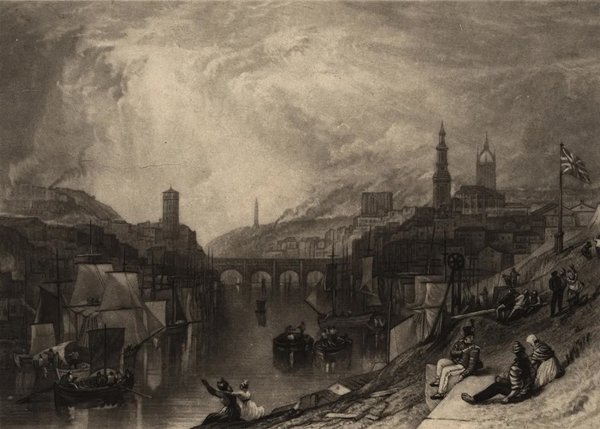 Newcastle upon Tyne Turner J.W. 1823 engraving of Newcastle upon Tyne, viewed from the ballast hills above the North shore of the River Tyne. 