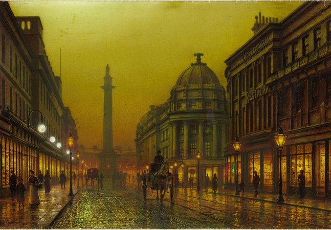A painting of Grainger Street, Newcastle upon Tyne showing a horse and cart