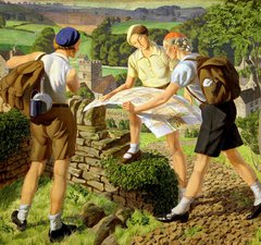 Painting of three female hikers wearing berets and backpacks, consulting a map