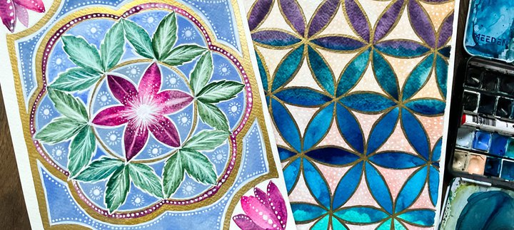A selection of different watercolour paintings in geometric shapes.