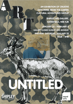 A poster featuring a collage of a stag in front of a printed background. It also features an older man in the process of drawing.